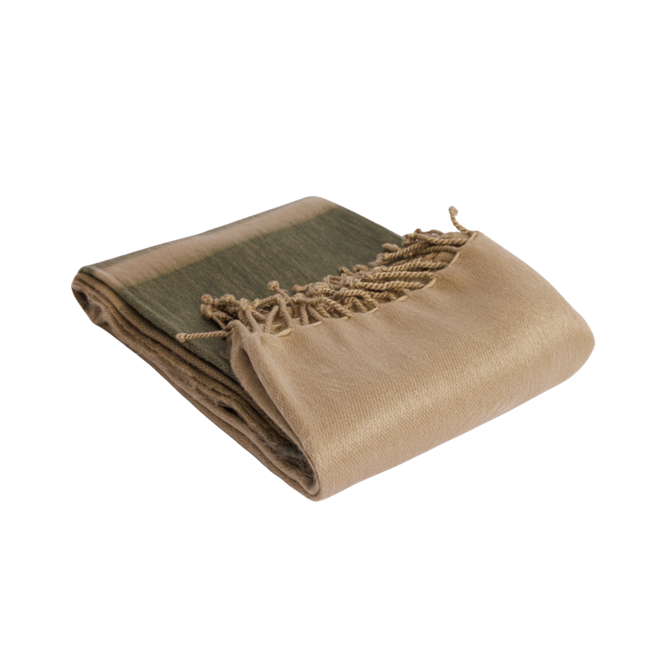 Folded artisan-made Kallpa Alpaca Throw - Tobacco Olive & Khaki with a brown and olive green color-blocked pattern and a tasseled fringe edge.