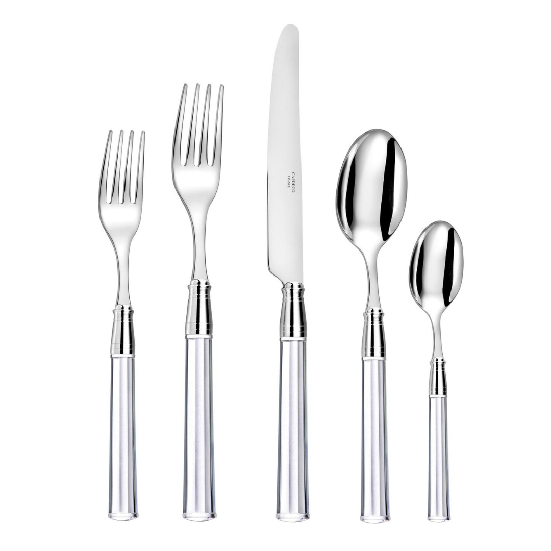 Five pieces of the Capdeco Doric Flatware 5 Piece Setting - Clear—two forks, a knife, a tablespoon, and a teaspoon—are arranged side by side on a white background. Each piece features shiny stainless steel and cylindrical handles.