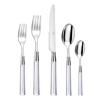 Five pieces of the Capdeco Doric Flatware 5 Piece Setting - Clear—two forks, a knife, a tablespoon, and a teaspoon—are arranged side by side on a white background. Each piece features shiny stainless steel and cylindrical handles.