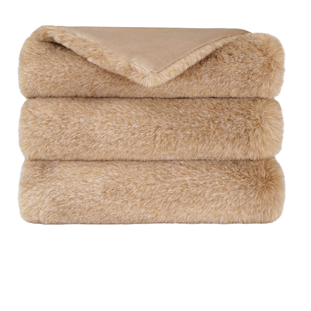 The D.V. KAP / Canaan Company Accent Throw features plush, light brown faux fur with a velvety underside—ideal for elegant home décor.