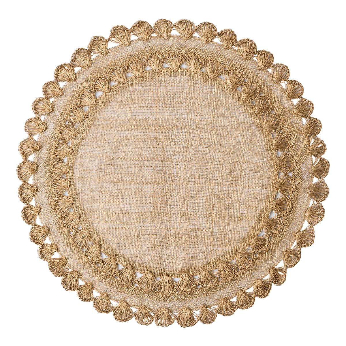 The Juliska Isadora Placemat Set of 4 features round, beige woven placemats with intricately braided borders for a textured, elegant look.