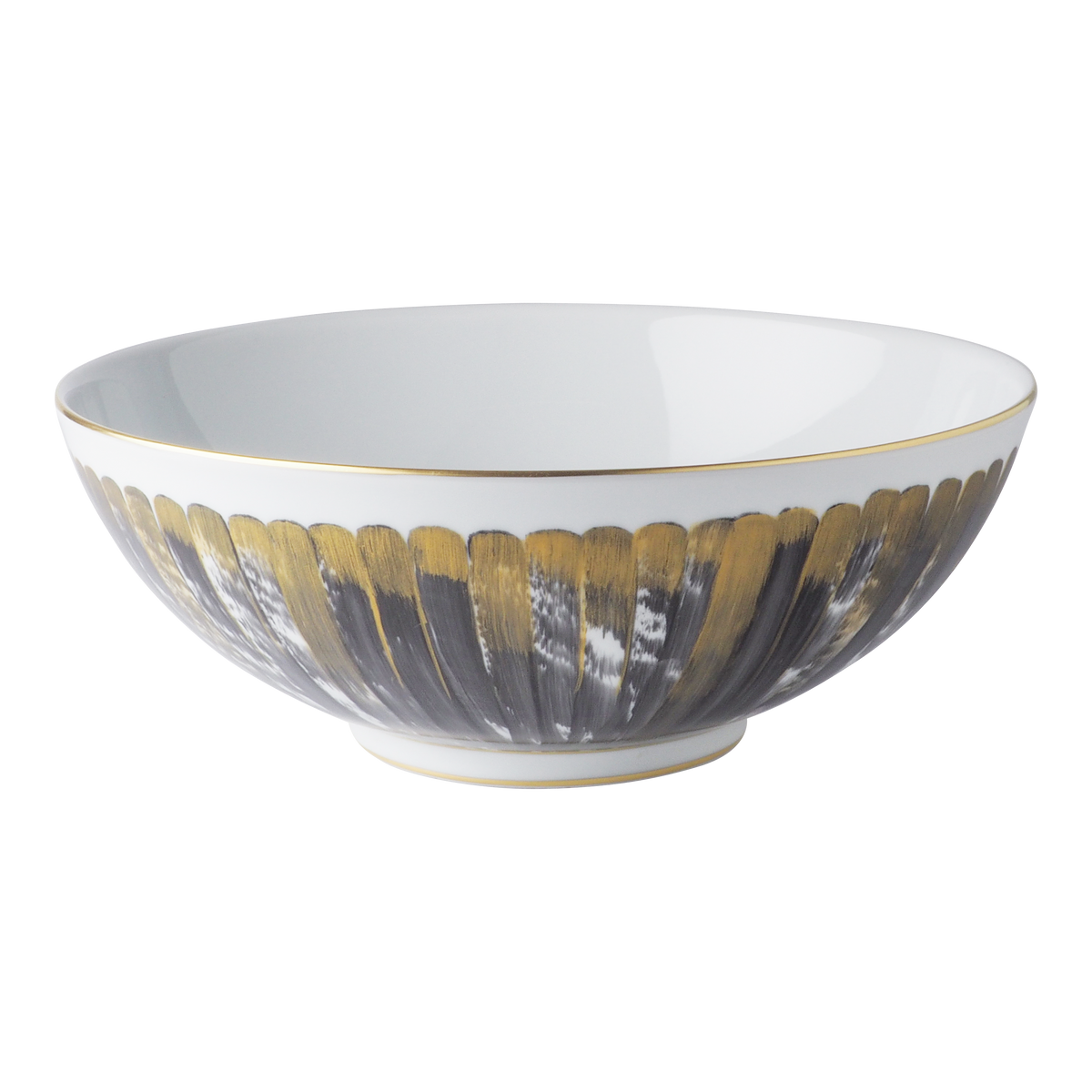 The Marie Daage Panache bowl by Marie Daâge features white Limoges porcelain with gold and gray brushstroke accents and a thin gold rim, making it an elegant addition to any luxury dinnerware collection.