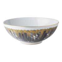 The Marie Daage Panache bowl by Marie Daâge features white Limoges porcelain with gold and gray brushstroke accents and a thin gold rim, making it an elegant addition to any luxury dinnerware collection.