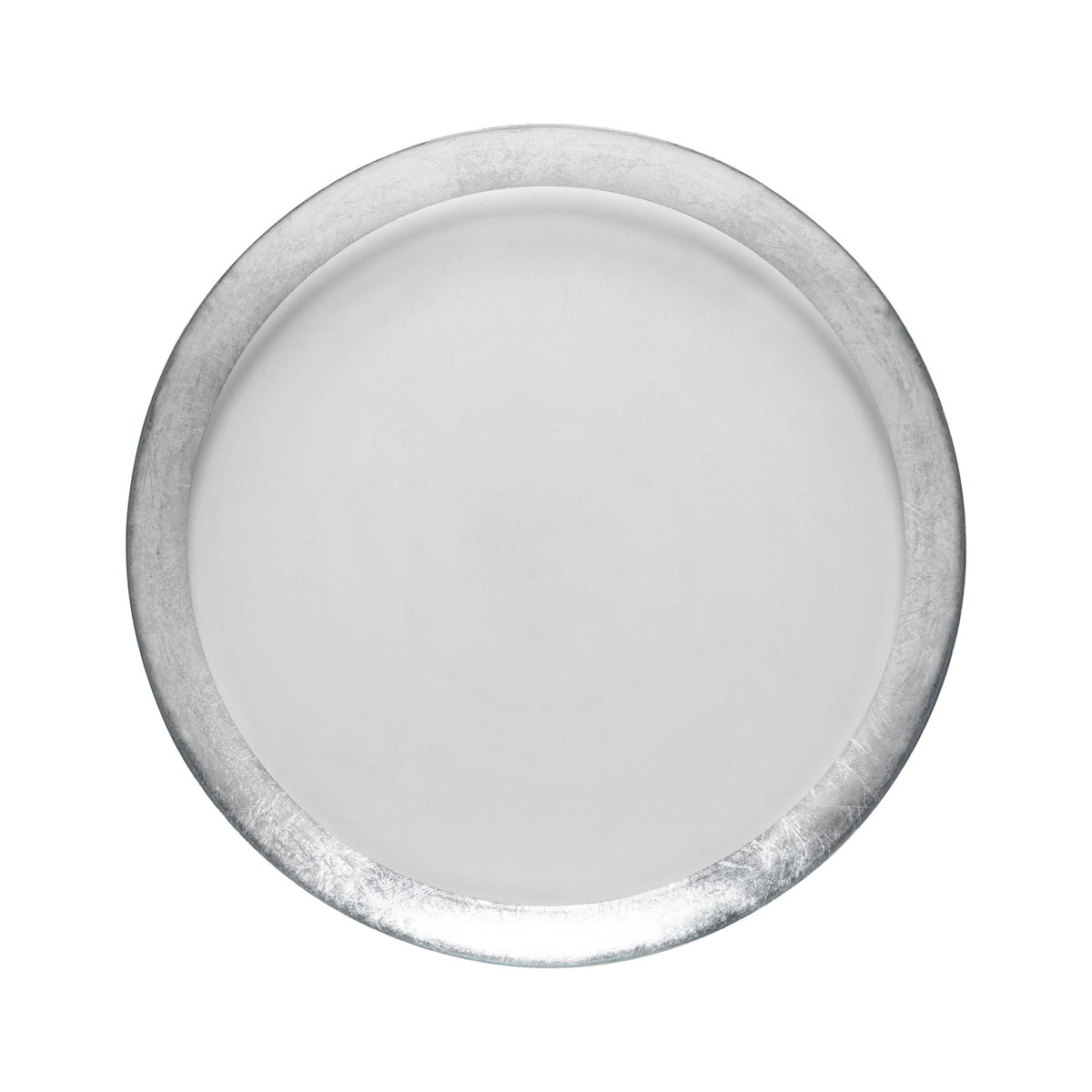 A round, empty white plate with a shiny silver rim, viewed from above against a white background—an elegant companion to Casafina’s Camille Glass Charger Silver.