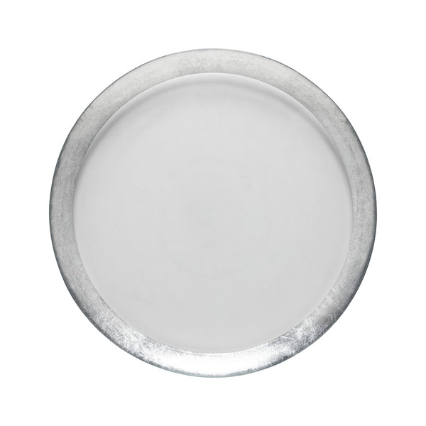A round, empty white plate with a shiny silver rim, viewed from above against a white background—an elegant companion to Casafina’s Camille Glass Charger Silver.
