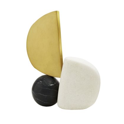 The Hiroshi Sculpture by Arteriors features three striking forms: a black marble sphere, a white rounded block, and a vertically standing gold semicircle, all artfully balanced on a flat surface against a white background. Inspired by cubist art, this modern piece evokes minimalist elegance and refined design.
