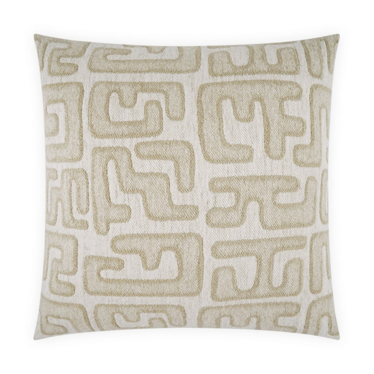 The Bantu Pillow Linen by D.V. KAP / Canaan Company features a cream background and raised modern texture with abstract, maze-like geometric shapes, creating a bold graphic accent for any space.