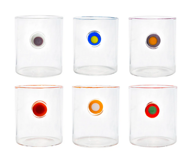 The Abigails Medallion Multi Color Highball Glass Set of 6 features vibrant glasses, each with a colorful circular dot in red, blue, yellow, orange, or green—perfect for your bar cart or as a lively gift.
