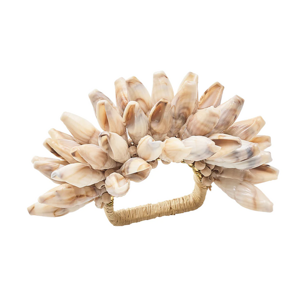 The Shell Fringe Napkin Ring Set of 4 by Kim Seybert features light brown and cream beaded shells in a fan shape with a rectangular, twine-wrapped handle—ideal for adding a beachy touch to your table setting.