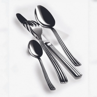 The Mepra Sole Flatware 5 Piece Setting in stainless steel, made in Italy, includes a knife, fork, large spoon, small spoon, and is displayed neatly on a white surface.