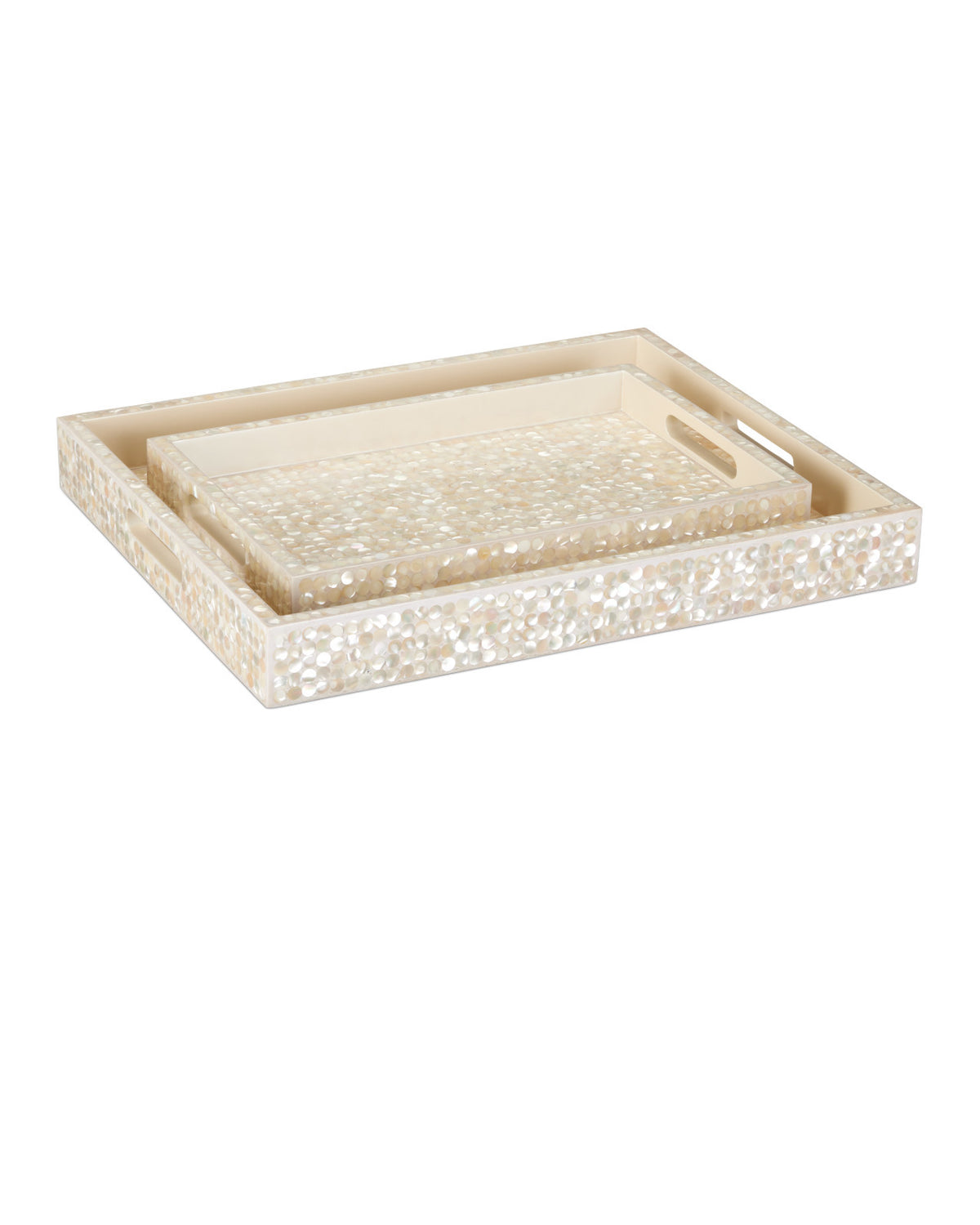 The Graceland Mother Of Pear Tray set by Currey & Company includes two nested rectangular trays with a glossy cream pearlescent mosaic finish and side handles, adding an elegant touch to luxury home decor.