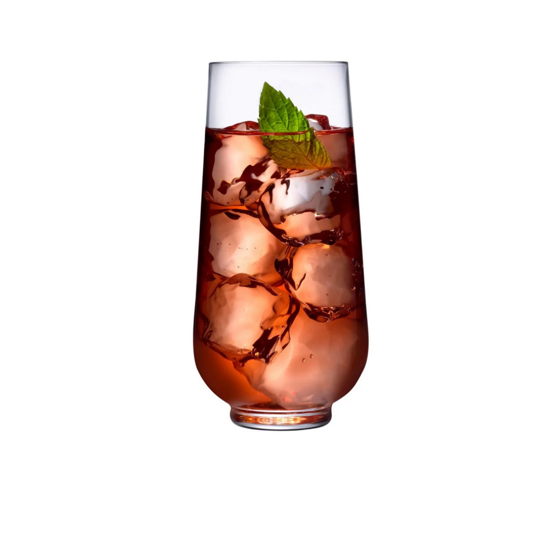 A Hepburn Glass from the Nude Glassware Hepburn Glass Set of 4, filled with a dark red iced drink and fresh mint garnish, stands out against a white background. The lead-free crystal beautifully highlights the drink and ice cubes.
