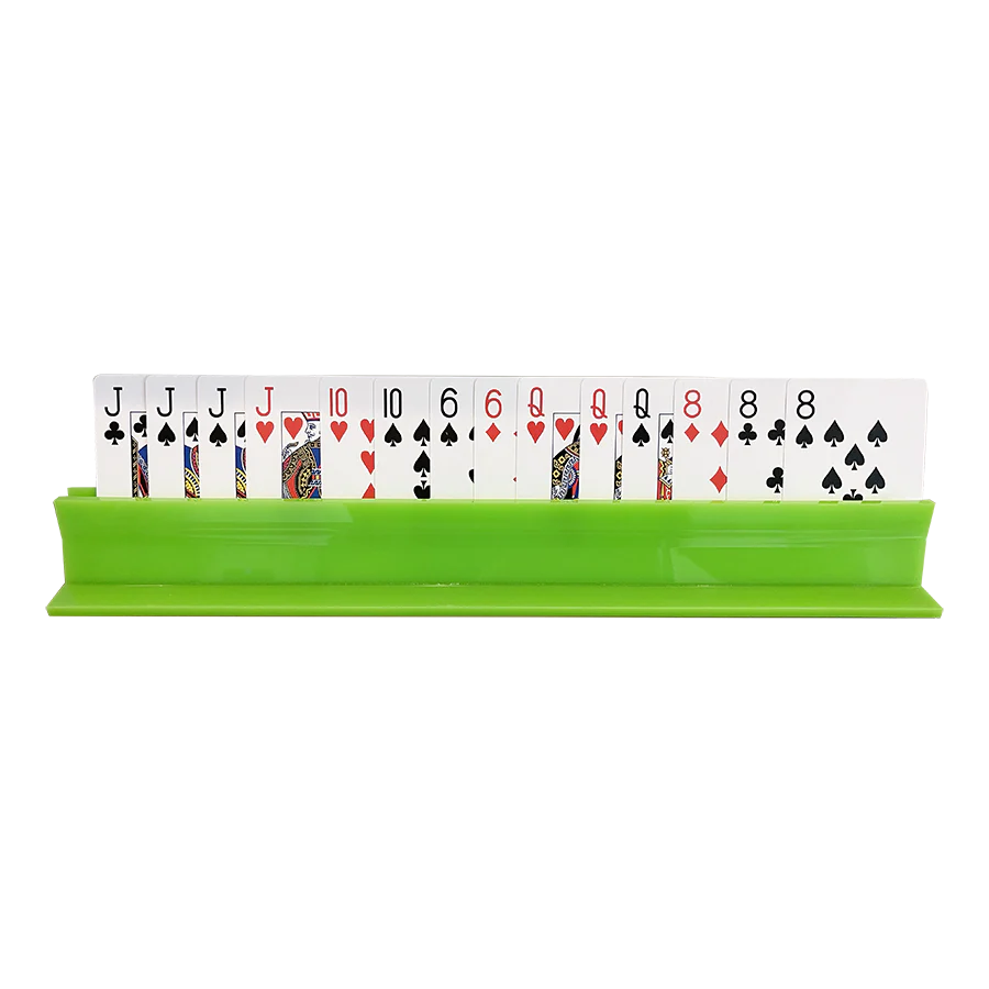 The Canasta Sets Canasta Rack neatly displays your playing cards—like four Jacks, two 10s, two 6s, two Queens, and three 8s—making it perfect for organizing your game.
