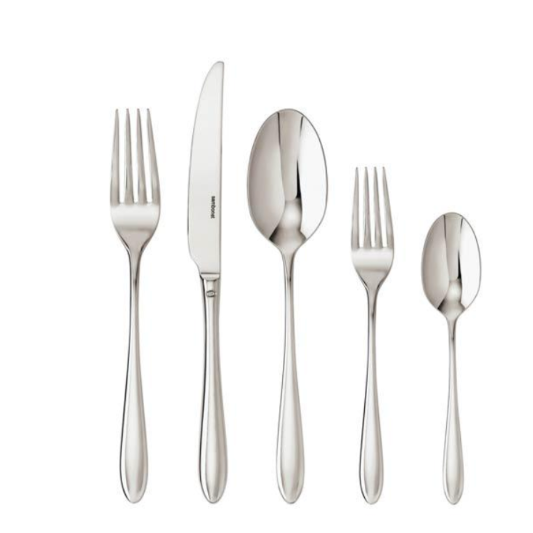 The Sambonet Dream Solid Handle Flatware 5 Piece Setting includes a dinner fork, dinner knife, tablespoon, salad fork, and teaspoon displayed side by side on a white background.