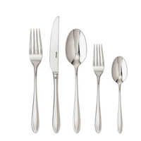 The Sambonet Dream Solid Handle Flatware 5 Piece Setting includes a dinner fork, dinner knife, tablespoon, salad fork, and teaspoon displayed side by side on a white background.