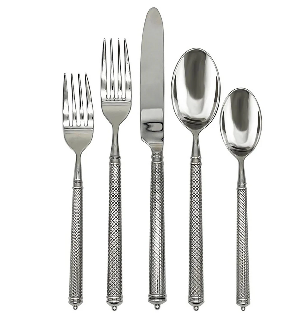 Five pieces of Ricci Solitaire Flatware, crafted in Italy from 18/10 stainless steel with textured handles—two forks, a knife, a tablespoon, and a teaspoon—are arranged upright side by side against a white background.