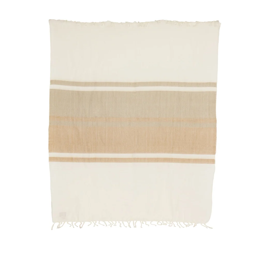 Kallpa Collection Alpaca Throw - Tobacco & Wheat, a cream-colored throw blanket featuring wide, horizontal bands of tan and brown in the center and fringed ends.