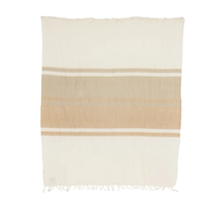 Kallpa Collection Alpaca Throw - Tobacco & Wheat, a cream-colored throw blanket featuring wide, horizontal bands of tan and brown in the center and fringed ends.