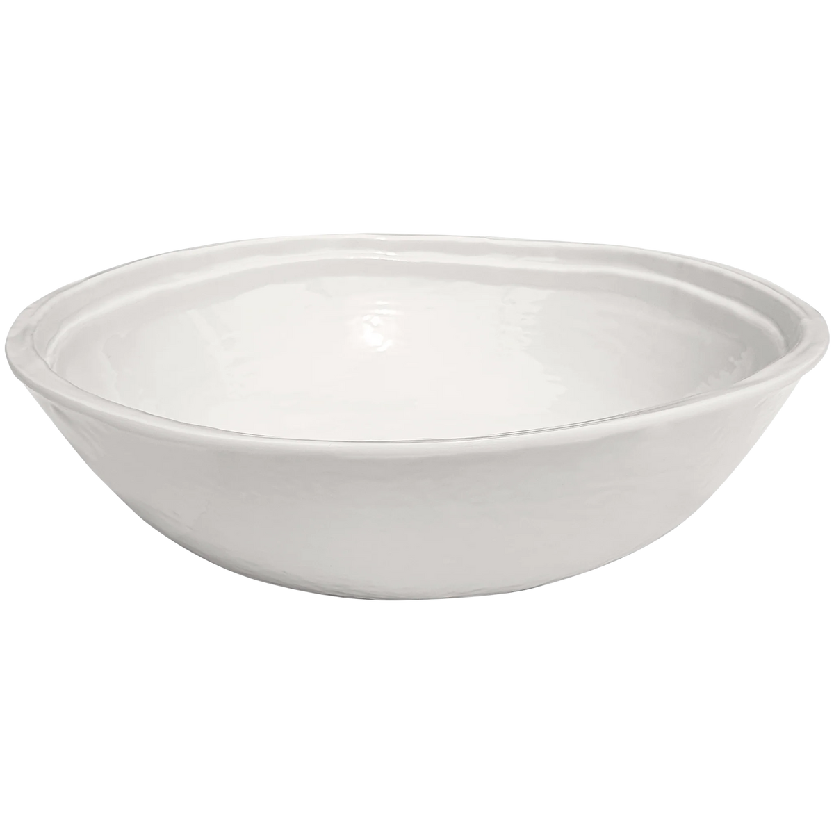 The Relish Double Line Melamine Dinnerware in White, shown with a gently rounded rim against a white background, is ideal for outdoor entertaining when paired with your favorite melamine dinner plate.