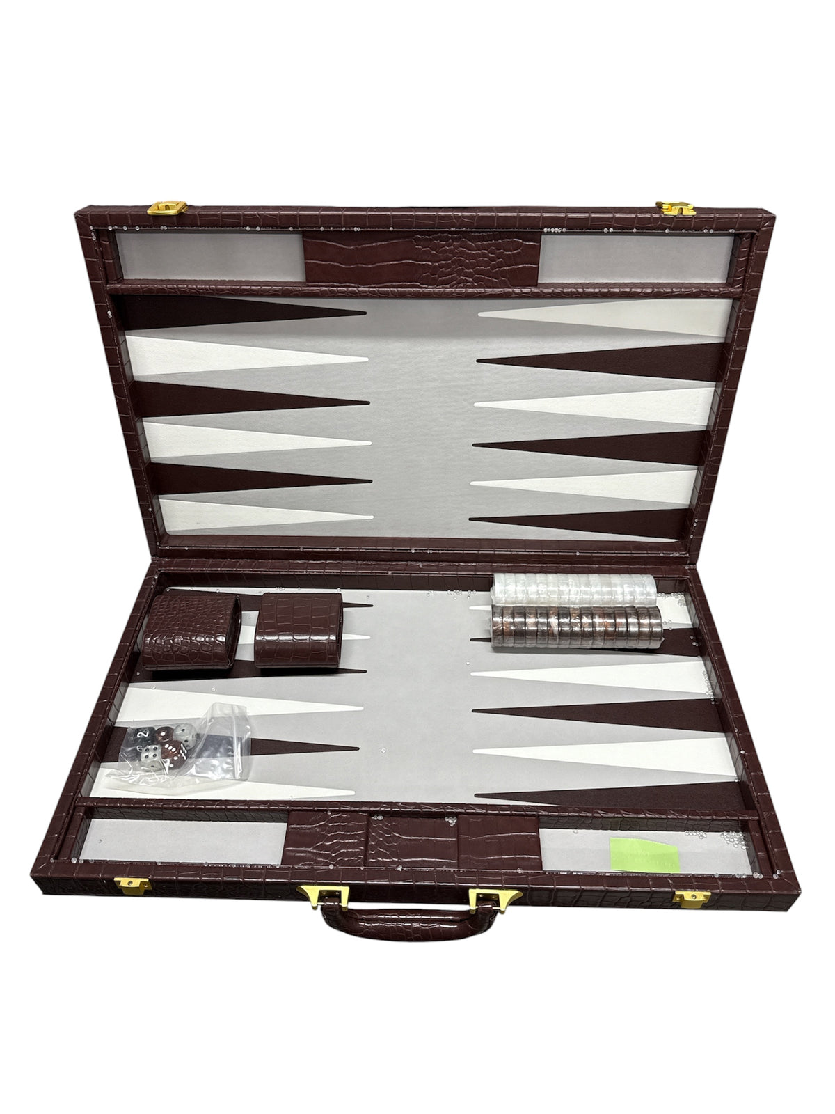 Open Nile Backgammon Brown 21″ by Tizo to reveal the game board, checkers, dice, doubling cube, cups, and a bag with dice and pieces neatly stored in compartments.