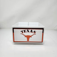 The Eye Candy College Spinner is a white box with "TEXAS" and an orange longhorn silhouette on the front, bordered in orange and black—ideal as a college desk organizer and featuring a custom college logo on a plain white background.