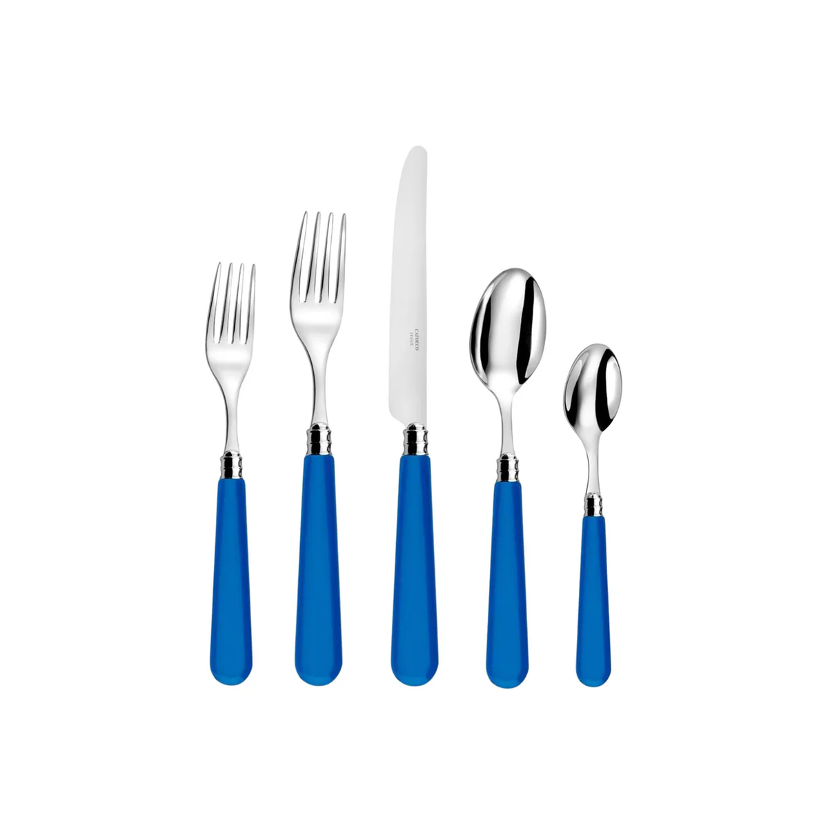 The Capdeco Altea Flatware 5 PPS set features high-quality steel pieces with blue handles—two forks, a knife, a tablespoon, and a teaspoon—arranged in a row on a white background.