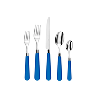 The Capdeco Altea Flatware 5 PPS set features high-quality steel pieces with blue handles—two forks, a knife, a tablespoon, and a teaspoon—arranged in a row on a white background.