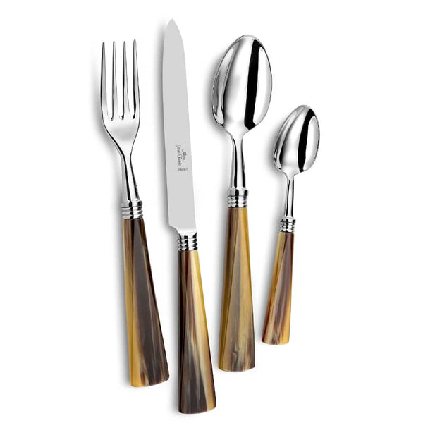The Alain Saint-Joanis Tonia Flatware 5 Piece Setting Dark Horn features shiny 18/10 stainless steel and brown horn-patterned handles, shown side by side on a white background.