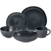 The Casafina/Costa Nova Livia Dinnerware Matte Black 5-piece set, made in Portugal, includes a dinner plate, salad plate, bowl, pasta bowl, and mug—all with a chic matte finish.