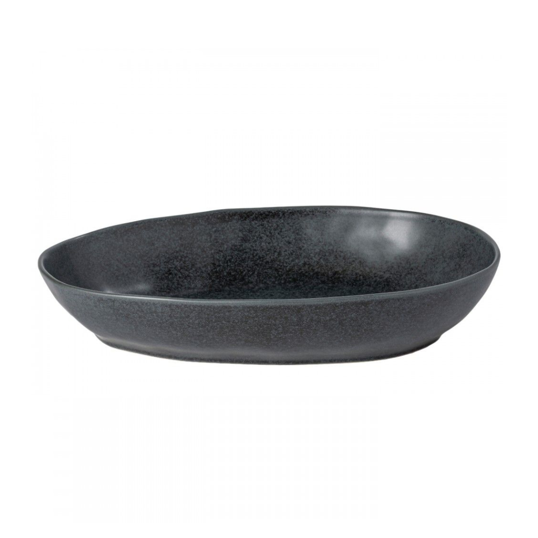 The Livia Dinnerware Matte Black by Casafina/Costa Nova is a shallow, oval, matte-finished stoneware bowl from a modern collection, shown against a white background.