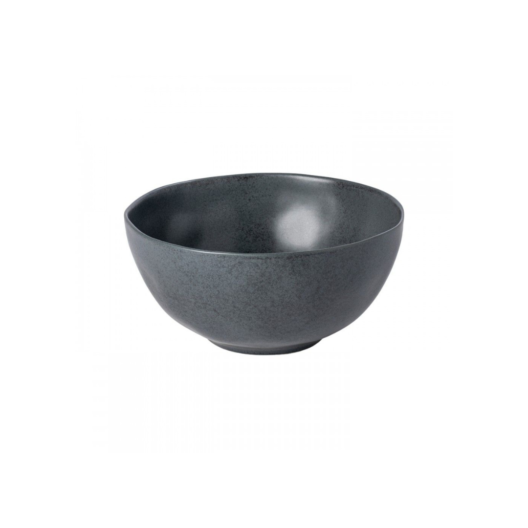 The Livia Dinnerware Matte Black bowl by Casafina/Costa Nova features a smooth, slightly matte finish. This modern ceramic tableware piece is displayed against a white background.