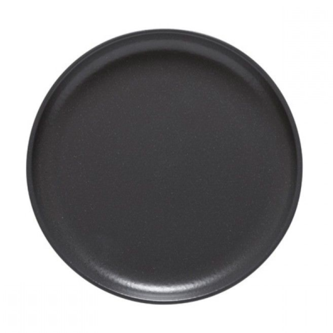 The Casafina/Costa Nova Livia Dinnerware Matte Black tray is a round, flat serving piece with a smooth surface, shown from above as part of a modern stoneware dinner set on a plain white background.
