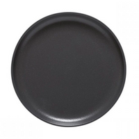 The Casafina/Costa Nova Livia Dinnerware Matte Black tray is a round, flat serving piece with a smooth surface, shown from above as part of a modern stoneware dinner set on a plain white background.