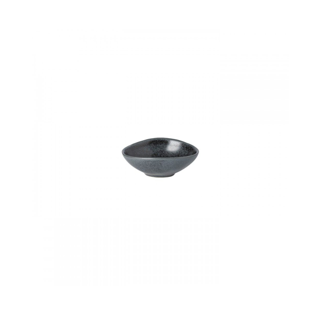 The Livia Dinnerware Matte Black bowl by Casafina/Costa Nova is a small, round ceramic piece with a slightly irregular rim, crafted in Portugal and featured against a plain white background.