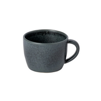 The Livia Dinnerware Matte Black mug by Casafina/Costa Nova features a subtle textured surface, rounded handle, and modern design. Made in Portugal, this dark gray ceramic piece is shown isolated on a white background.