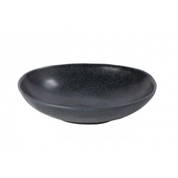 The Livia Dinnerware Matte Black bowl by Casafina/Costa Nova features a shallow, dark grey ceramic design with a smooth matte finish, showcased against a plain white background as part of their modern tableware collection.