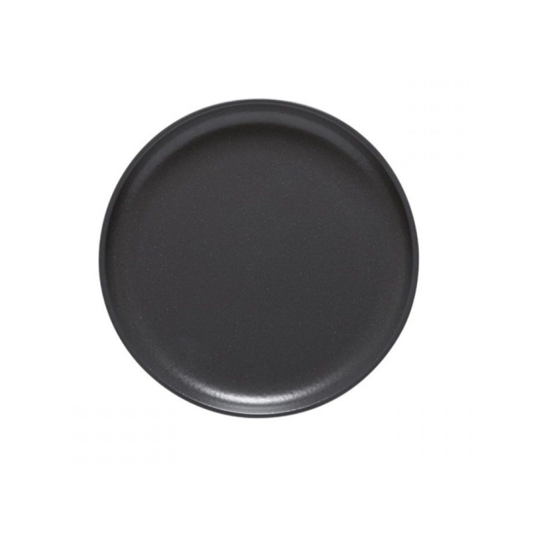 The Casafina/Costa Nova Livia Dinnerware Matte Black plate, round and flat, is displayed against a plain white background.