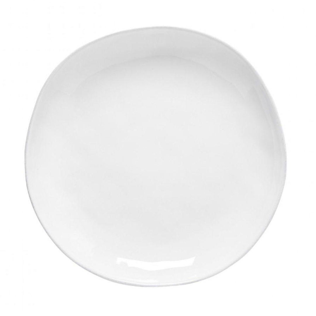 The Livia Dinnerware White plate by Casafina/Costa Nova features a plain, round, white ceramic design with slightly irregular edges, seen from above on a white background as part of the modern tableware collection.