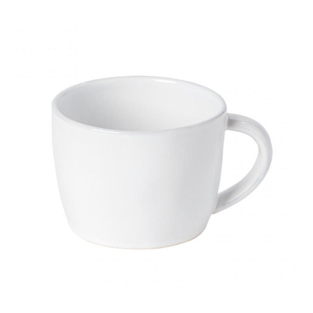 The Livia Dinnerware White mug by Casafina/Costa Nova, featuring a curved handle, is displayed against a white background—ideal for enhancing your modern tableware collection.