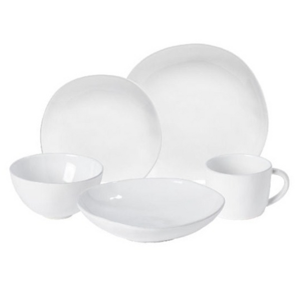 The Livia Dinnerware White by Casafina/Costa Nova features two plates, a bowl, a mug, and a shallow serving bowl with smooth round edges—finely crafted in Portugal and presented on a plain white background.