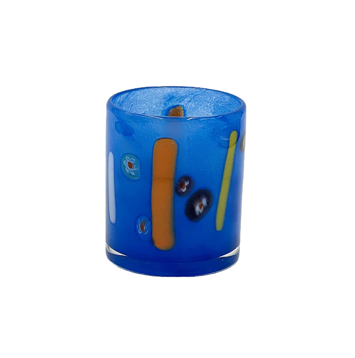 The Abigails Torcello Stripes Cobalt DOF is a blue mouth-blown glass tumbler with a matte finish, featuring orange and yellow stripes and multicolored dots—a vibrant addition to your colorful glassware collection.