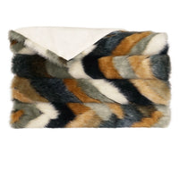The Chevron Furdi Throw by D.V. KAP / Canaan Company is a luxurious faux fur blanket with a chevron pattern in black, gray, brown, and beige, finished with a soft white lining and shown folded on a white background.
