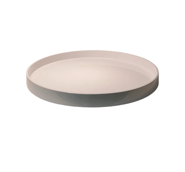 The Albert L Bamboo Classic Round Tray - Large - White features a round, shallow design with a raised edge, making it a stylish and sustainable decorative accent for any space. Shown against a plain white background.