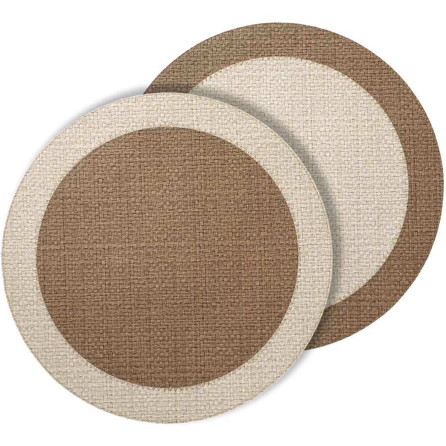 Two Halo Placemat Set of 4 - Neutrals by Bodrum are shown overlapping, each with a wide brown center and beige border. Their textured, reversible design adds modern elegance to any dining space.