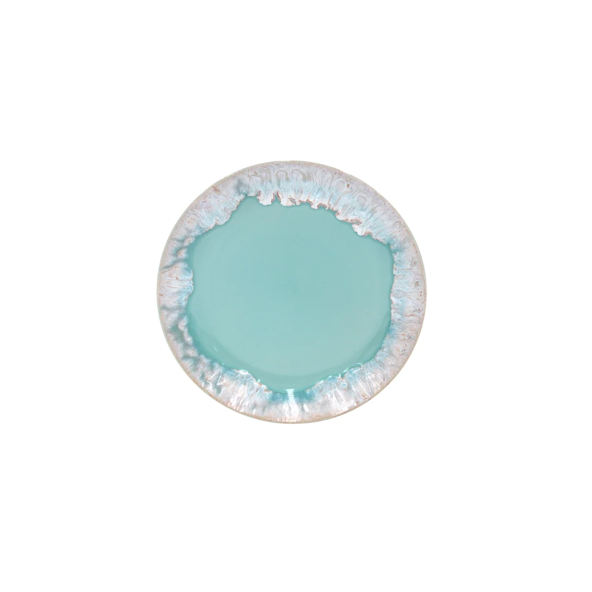 Taormina Aqua dinner plate with a smooth, solid aqua center and a textured, scalloped edge in shades of white and blue.