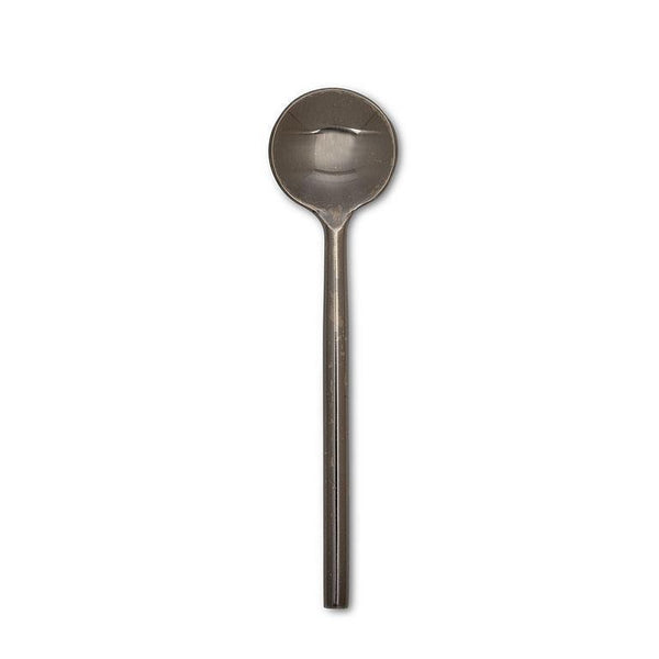 The Abbott Collection Modern Spoon Small features a polished black finish, round bowl, and straight handle, exemplifying modern minimalism against a plain white background.