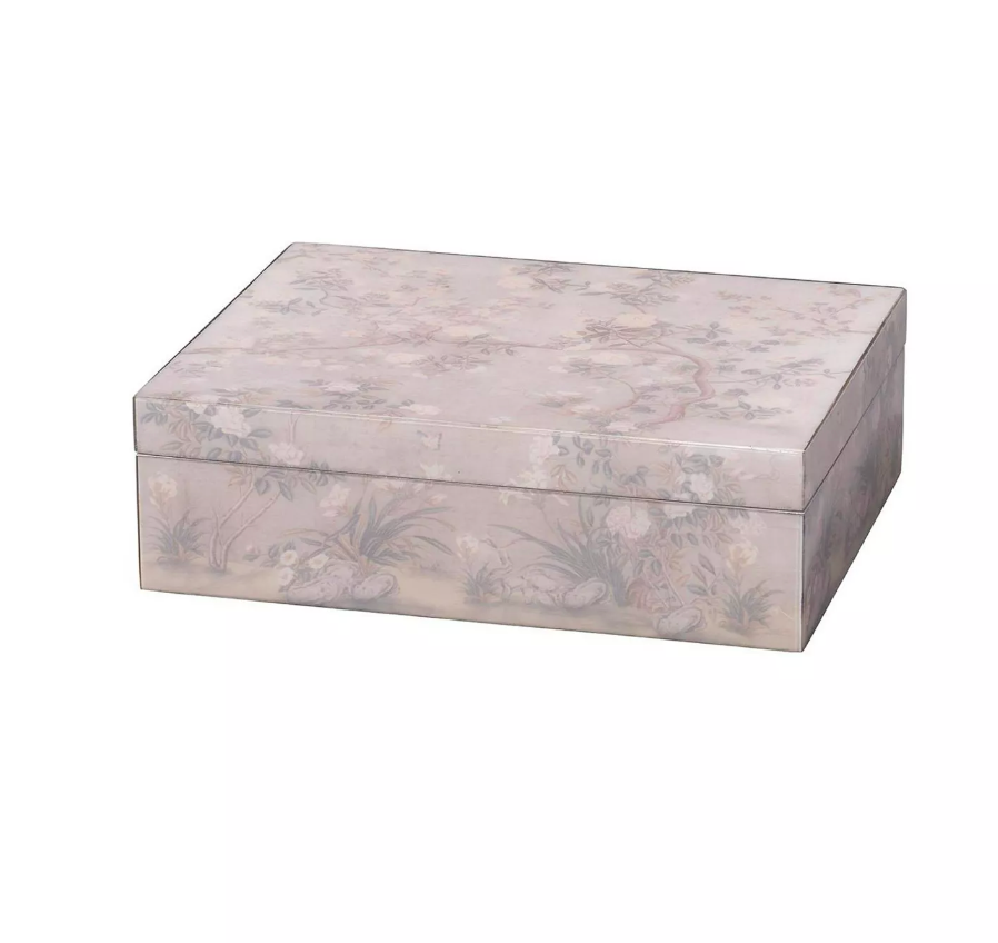 The Jamie Young Meadow Lavender Box is a handcrafted decorative box with a lid, featuring faded floral and bird motifs in muted pink, white, and green—ideal for storing heirlooms or accenting neutral décor.