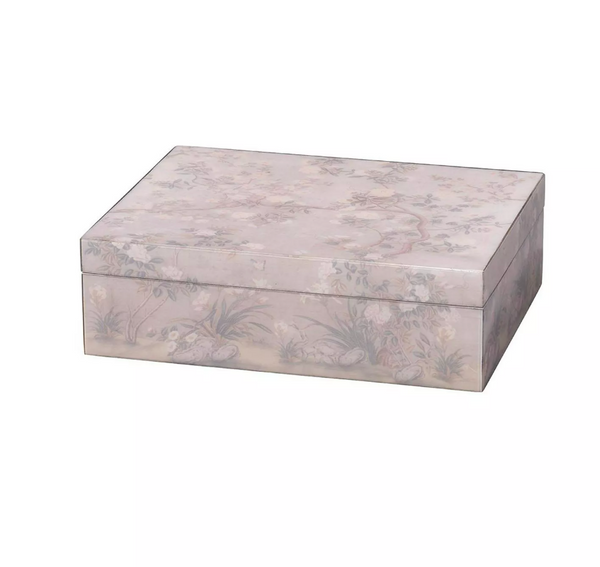 The Jamie Young Meadow Lavender Box is a handcrafted decorative box with a lid, featuring faded floral and bird motifs in muted pink, white, and green—ideal for storing heirlooms or accenting neutral décor.