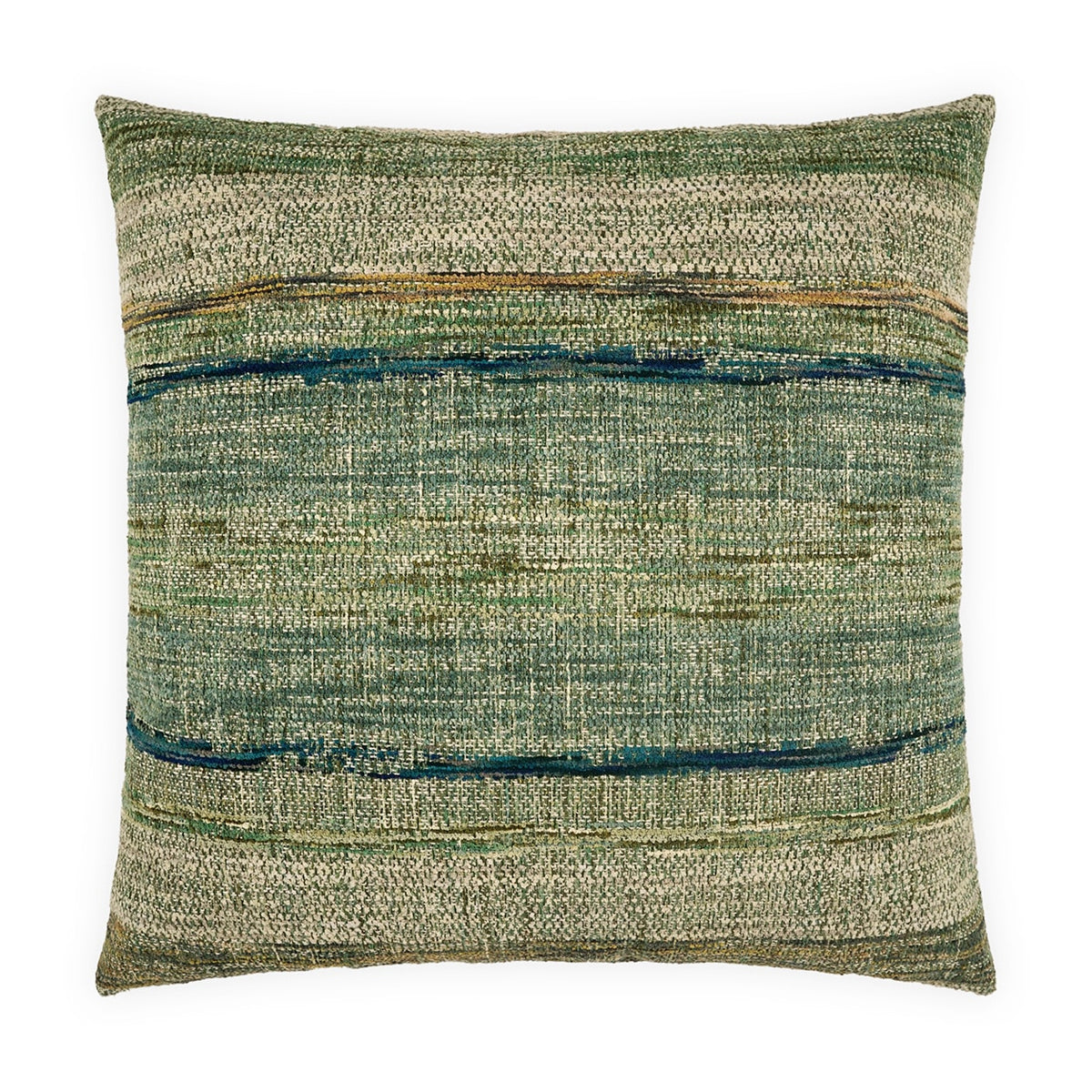 The Sansone Pillow Peacock 22 x 22 by D.V. KAP / Canaan Company showcases a green, blue, and tan woven texture with horizontal stripes and a harmonious blend of earthy tones. Its slightly rustic, artisanal surface evokes refined charm, adding luxury comfort to any space. This decorative pillow is displayed against a white background.