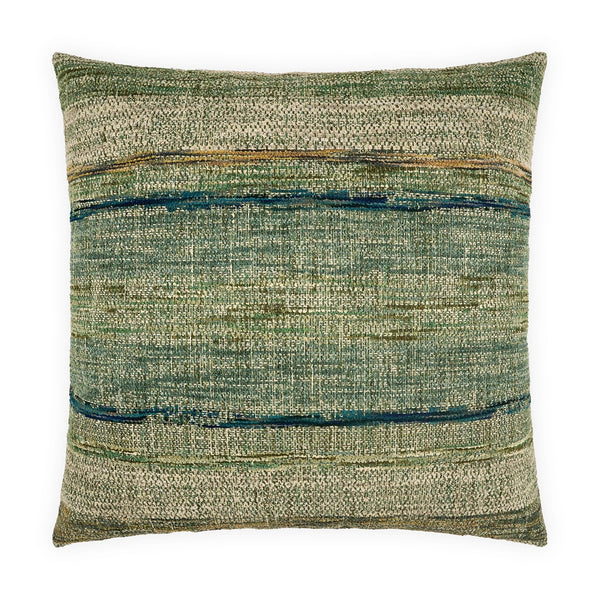 The Sansone Pillow Peacock 22 x 22 by D.V. KAP / Canaan Company showcases a green, blue, and tan woven texture with horizontal stripes and a harmonious blend of earthy tones. Its slightly rustic, artisanal surface evokes refined charm, adding luxury comfort to any space. This decorative pillow is displayed against a white background.